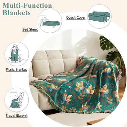 Boho Throw Blanket - 100% Cotton Soft Summer Throw Blanket for Bed, 50"x60" Reversible Breathable Lightweight Blankets, All Seasons Farmhouse Decor Floral Plant Butterfly Throw Quilt