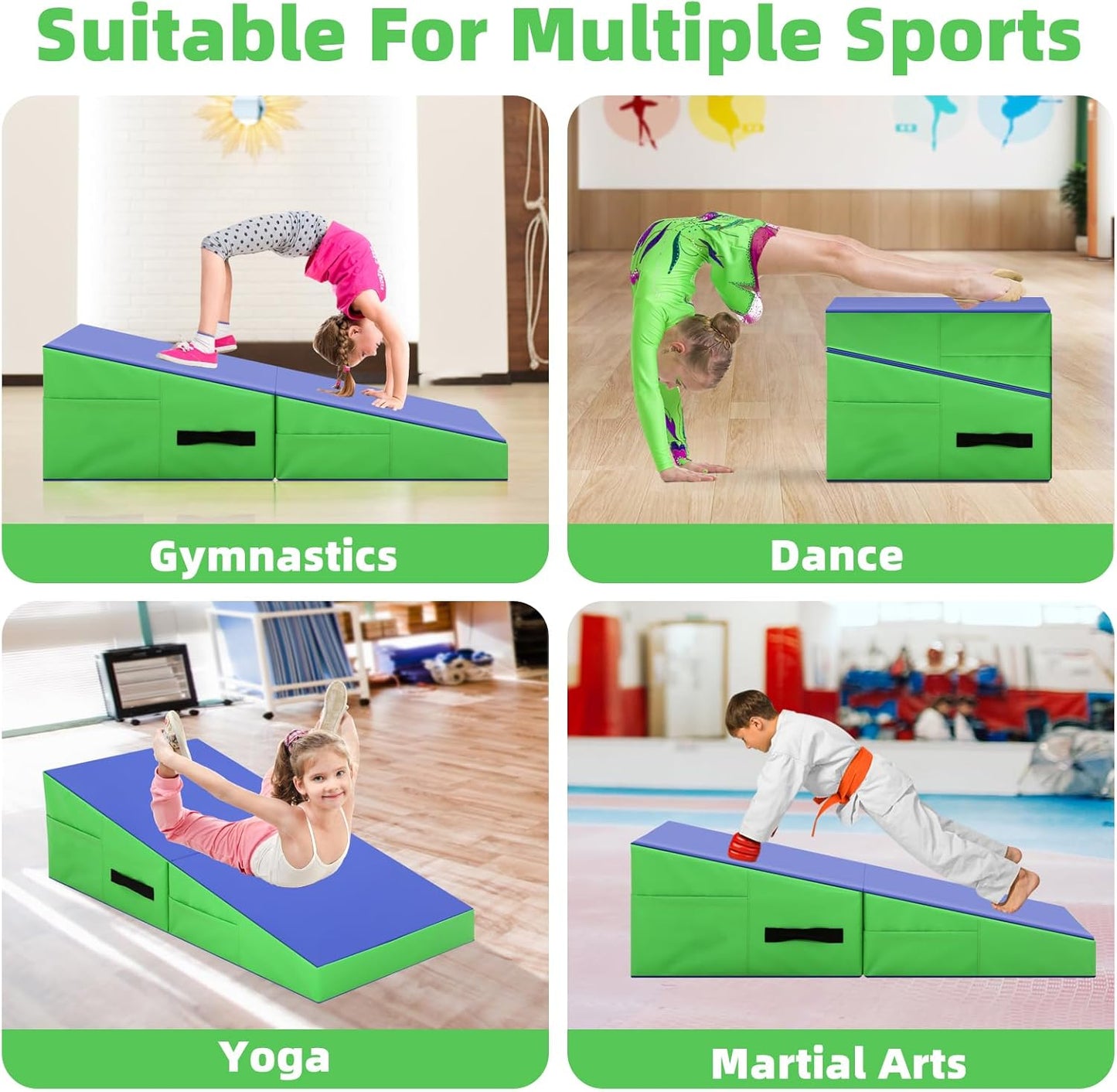 Gymnastics Mat Incline Tumbling Mats—Indoor/Outdoor Folding Cheese Wedge Mat with Non-Slip Surface & Handles for Kids Girls Home Training Exercise