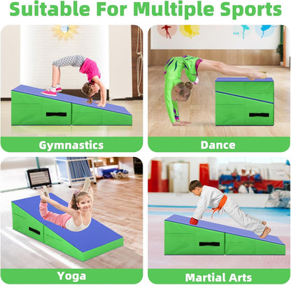 Gymnastics Mat Incline Tumbling Mats—Indoor/Outdoor Folding Cheese Wedge Mat with Non-Slip Surface & Handles for Kids Girls Home Training Exercise