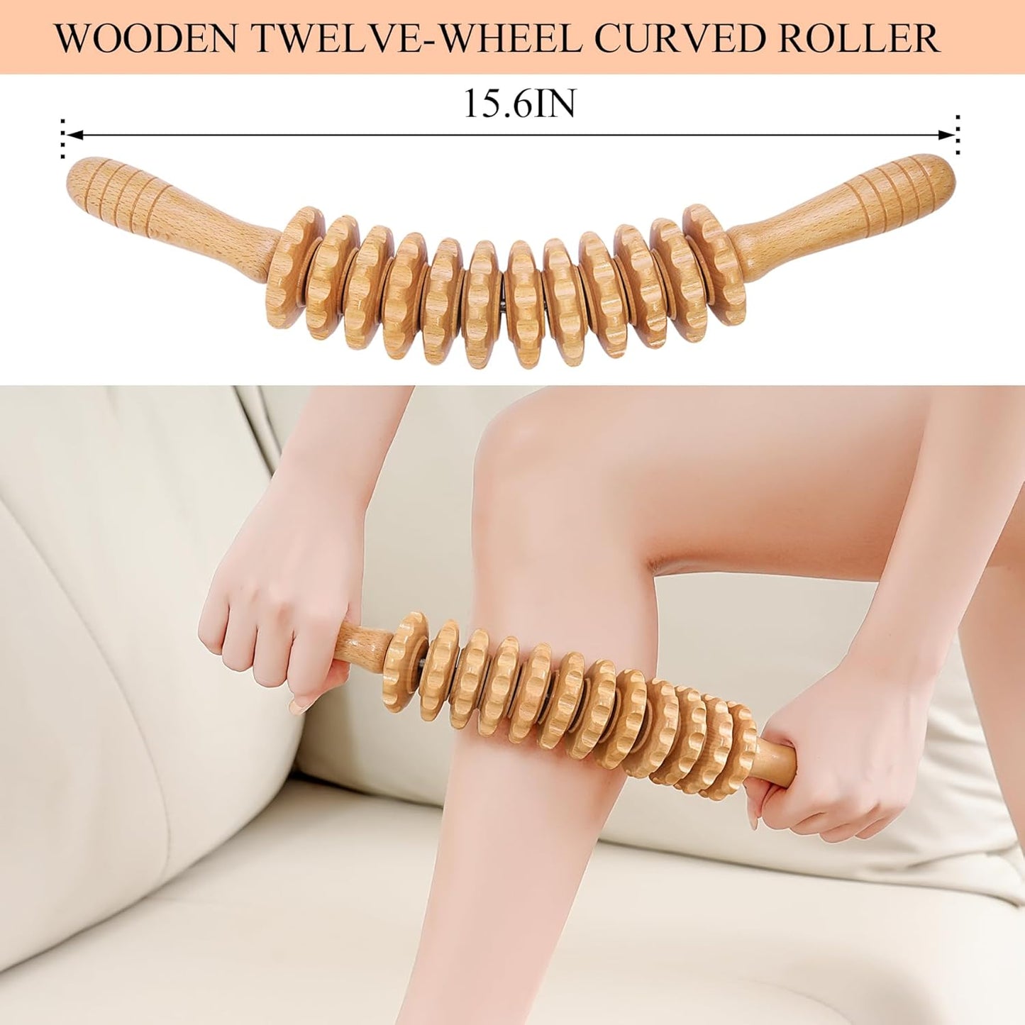Xokocli Cellulite Massage Tool Wood Therapy Massage Tools Body Roller Cellulite Roller Fascia Blaster Lymphatic Drainage Massager for Legs Thighs Muscle Relief Recovery(White 12-Wheel)