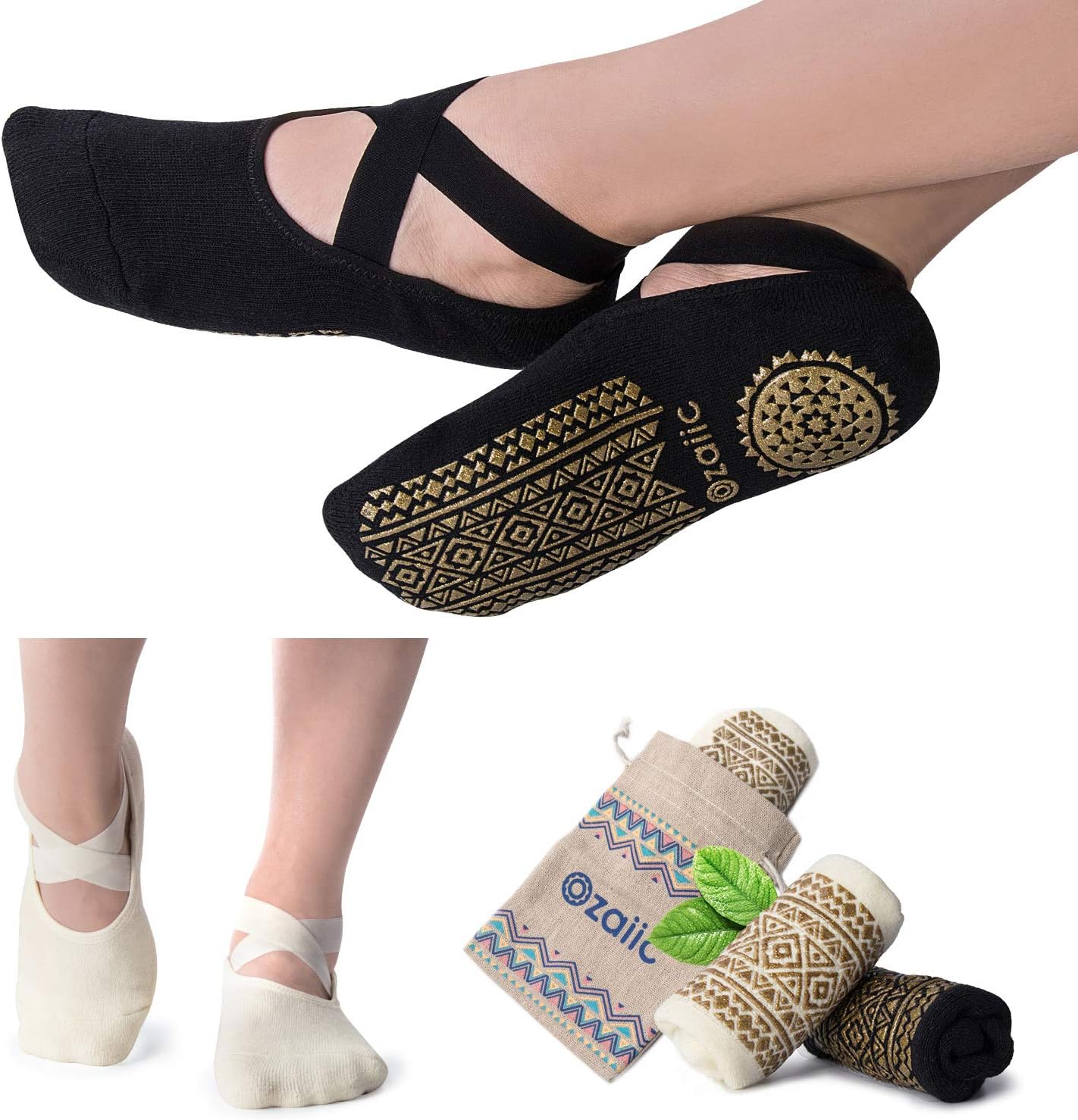 Ozaiic Pilates Socks for Women Non Slip Grip, Yoga Socks with Grippers for Barre, Hospital, Ballet, Dance, Barefoot Workout