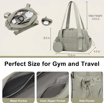 CAMTOP Mini Gym Bag for Women, Small Gym Tote Bag Puffy Quilted Sports Duffel Bag with Wet Compartment and Coin Purse Duffel Bags Dance Yoga Workout Bag for Gifts (All Black, Mini-12.6")