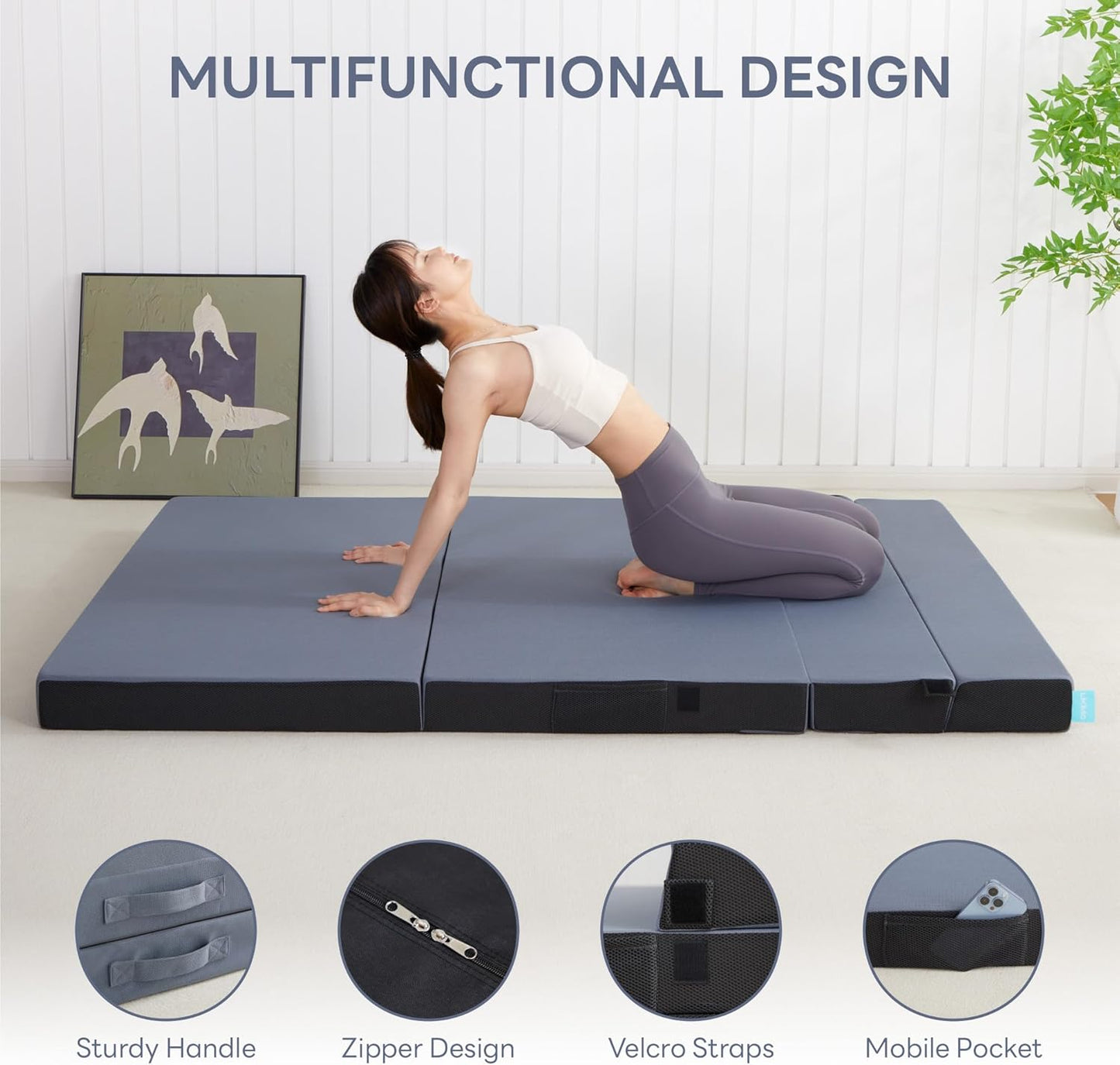 LIKIMIO Folding Mattress Queen, High Density Foam Mattress with Breathable and Washable Cover & Storage Bag, 4 Inch Foldable Mat Topper for Camping, RV and Yoga, Handle Design, Blue
