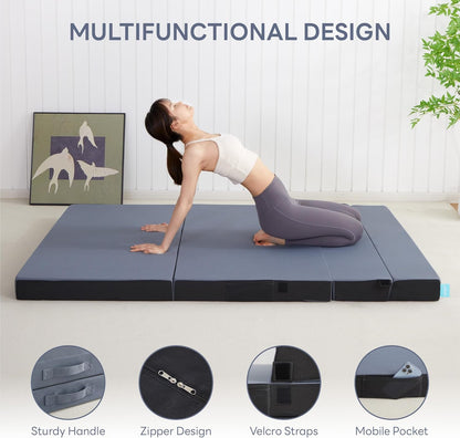 LIKIMIO Folding Mattress Queen, High Density Foam Mattress with Breathable and Washable Cover & Storage Bag, 4 Inch Foldable Mat Topper for Camping, RV and Yoga, Handle Design, Blue