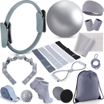Poen 18 Pcs Home Pilates Ball and Ring Circle Set Yoga Fitness Essentials Kit with 5 Resistance Band Stretching Strap Non Slip Sock Ball Core Slider Wristband Headband Gym Bag for Women