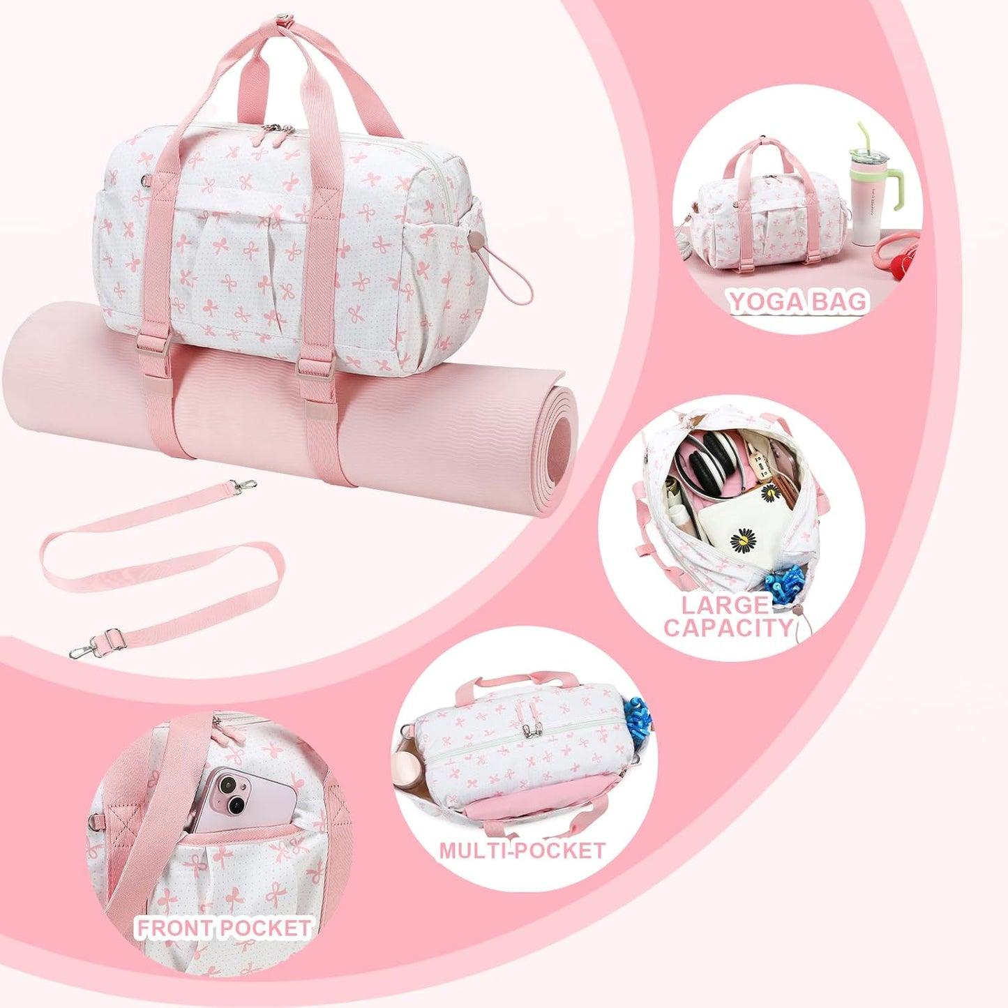 LEDAOU Small Gym Bag for Women, Mini Duffle Bag with Yoga Mat Holder Lightweight Carry On Sports Bag with Separate Shoe Pocket and Wet Pocket Duffel Bags Dance Yoga Workout Bag (Pink)