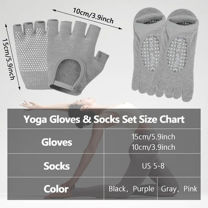 2 Pairs Non Slip Yoga Gloves Socks Set, Women Fingerless Gym Gloves and Pilates Socks for Fitness Exercise Yoga