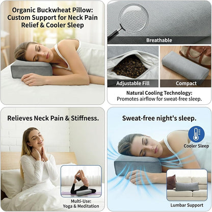 Adjustable Buckwheat Hull Pillow for Neck Pain Relief (21x8x4in) Natural Cooling Cervical Support Organic Pillow for Side & Back Sleepers with Night Sweats (Grey)