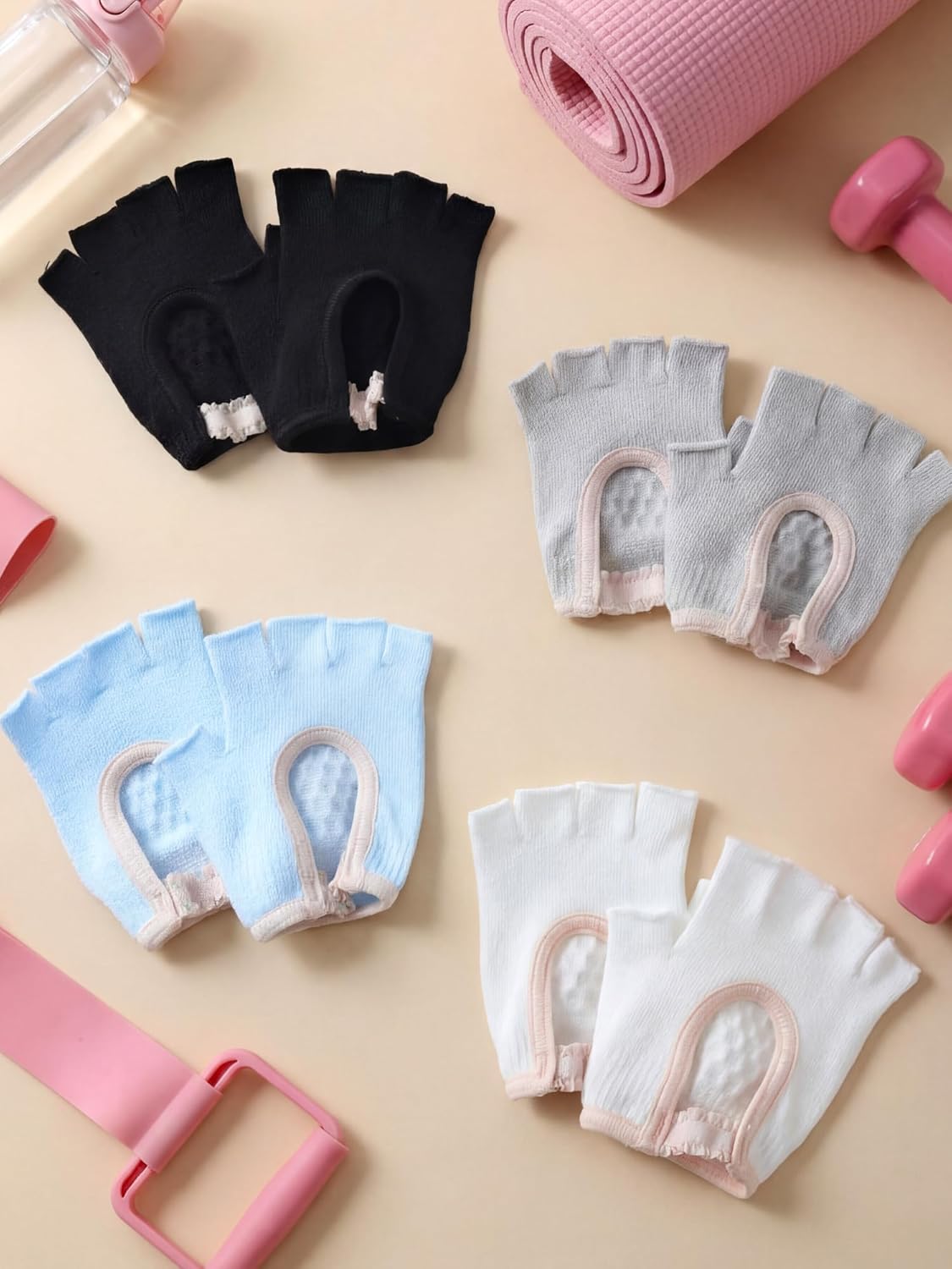 Fourluoo 4 Pairs Pilates Gloves with Grips for Women Non Slip Cotton Fingerless Silicone Yoga Gloves for Gym Exercise Workout Weight Training Mitten Fits Women Men