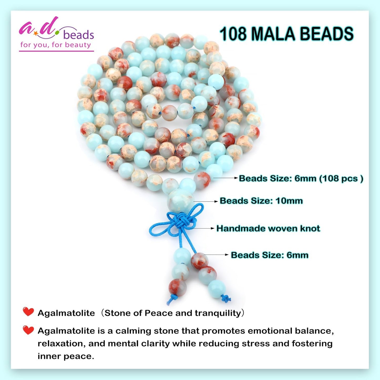 AD Beads 6mm 8mm 108 Prayer Mala Jasper Elastic Bracelet - Handmade Yoga Meditation Healing Power Energy Gifts for Unisex Adult.
