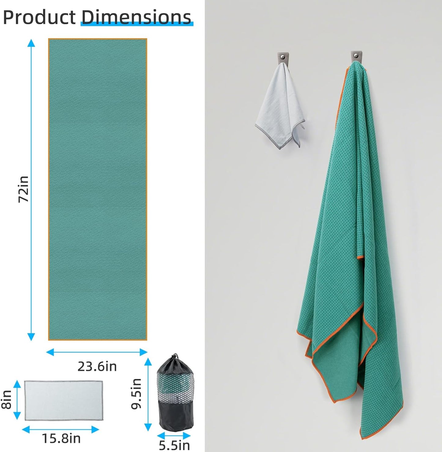 YESLIFE Non-Slip Extra Thick Hot Yoga Towel with One Sweat Towel, Microfiber Sweat Absorbent Yoga Mat Towel with Grip Dot, Pilates Mat, 72" x 24", Light Blue