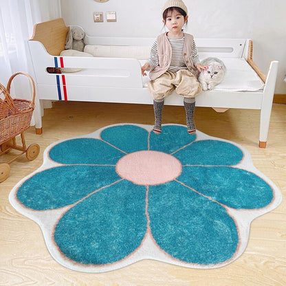 White Flower Shaped Rug, Cute Round Indoor Rug, 39.4" Diameter, High Pile Faux Wool, Non-Slip Backing