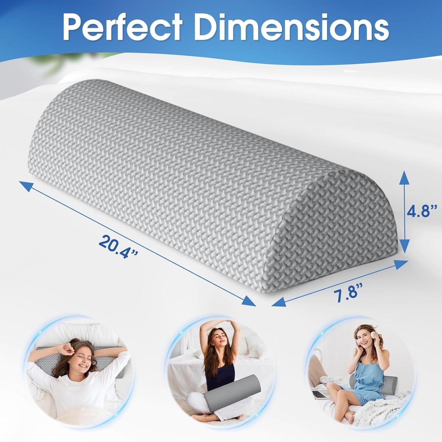 TranquilRelax Knee Pillow for Back Sleeping Memory Foam Half Moon Bolster Pillow for Legs, Under Knee Support, Ankle & Foot Comfort Orthopedic Pillow for Side Sleepers (Grey, 20.4" x 8" x 4.9")