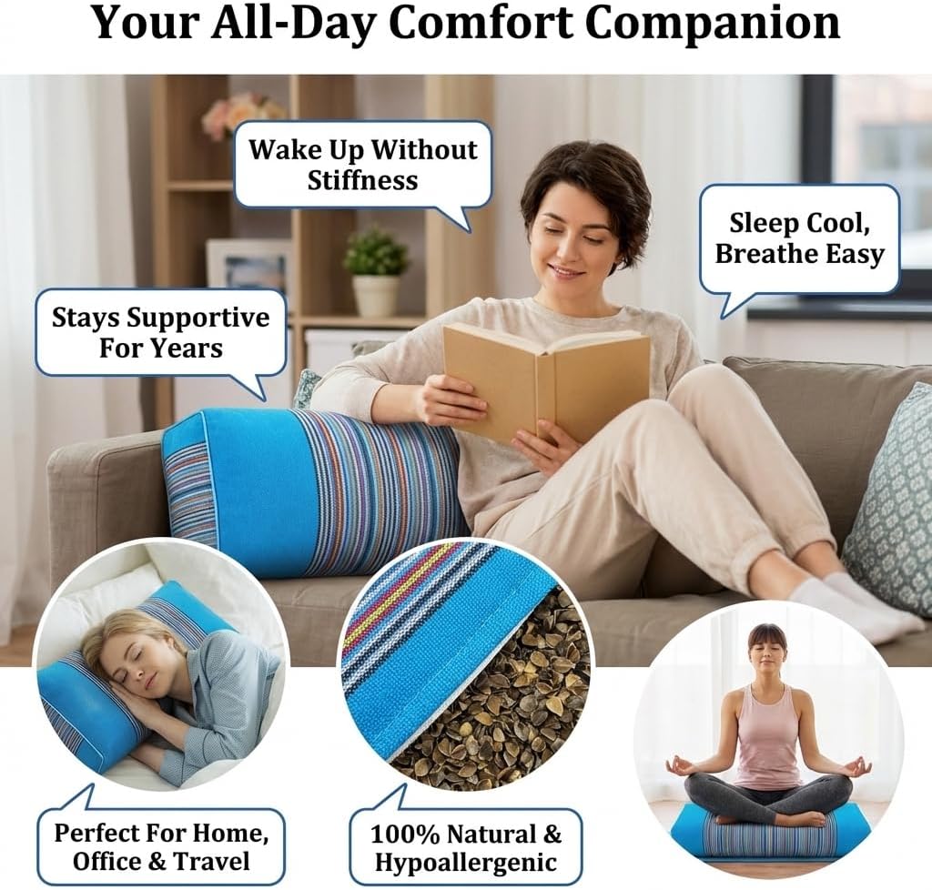 Adjustable Buckwheat Hull Pillow for Neck Pain Relief (21x8x4in) Natural Cooling Cervical Support Organic Pillow for Side & Back Sleepers with Night Sweats (Grey)