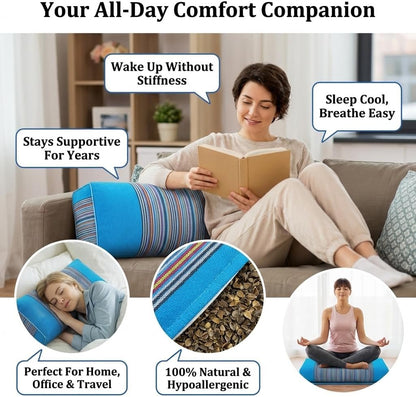 Adjustable Buckwheat Hull Pillow for Neck Pain Relief (21x8x4in) Natural Cooling Cervical Support Organic Pillow for Side & Back Sleepers with Night Sweats (Grey)