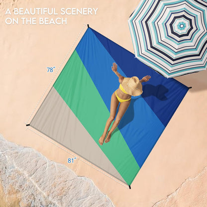 BYDOLL Beach Blanket Waterproof Sandproof Large Sand Free,78''X81''/10'X9' Oversized Sandless Lightweight Blanket Picnic Mat for Beach Travel Camping Hiking with Stakes