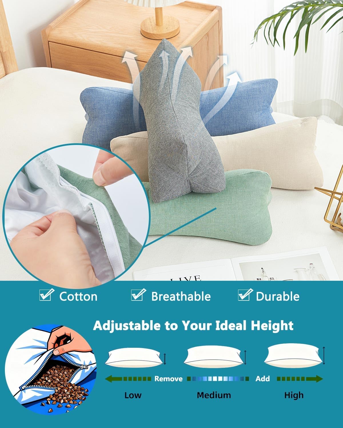 Cervical Buckwheat Roll Pillow for Sleeping,15.7"x5.9" Buckwheat Hulls Pillows Filling, Triangle Pillow for Neck Support Yoga Bolster, Adjustable Fill for Neck Pain Relief,Gray