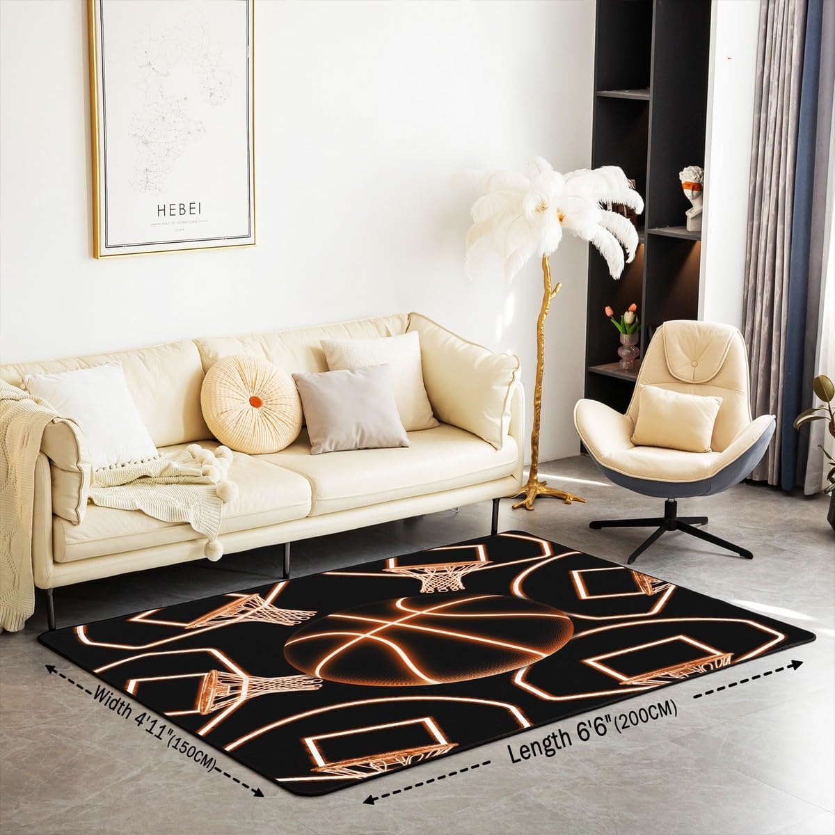 jejeloiu Basketball Living Room Rugs for Bedroom 5x7 Kids Gaming Sports Decor Carpet for Boys Girls Teens Ball Games Area Rug Soft Gift for Basketball Lover Grey and Black Room Decor