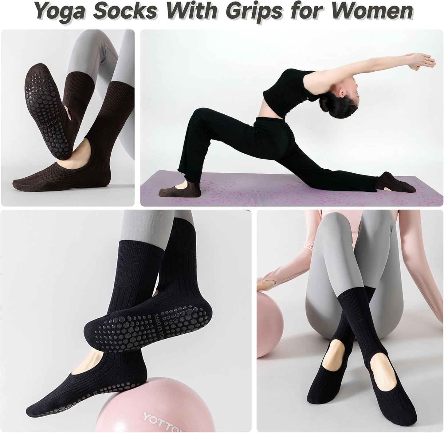 Grip Socks Pilates,4/6Pairs Cotton Cute Pilates Socks for Women, Ruffle Grippy Sock for Yoga Barre Hospital 5-10in