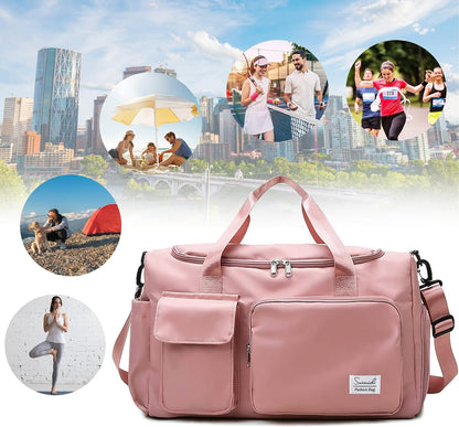 Suruid Travel Yoga Duffel Bag with Shoes Compartment Sports Gym Handbag with Dry Wet Separated Pocket for Training Men and Women, Overnight /Weekender Bag - Pink