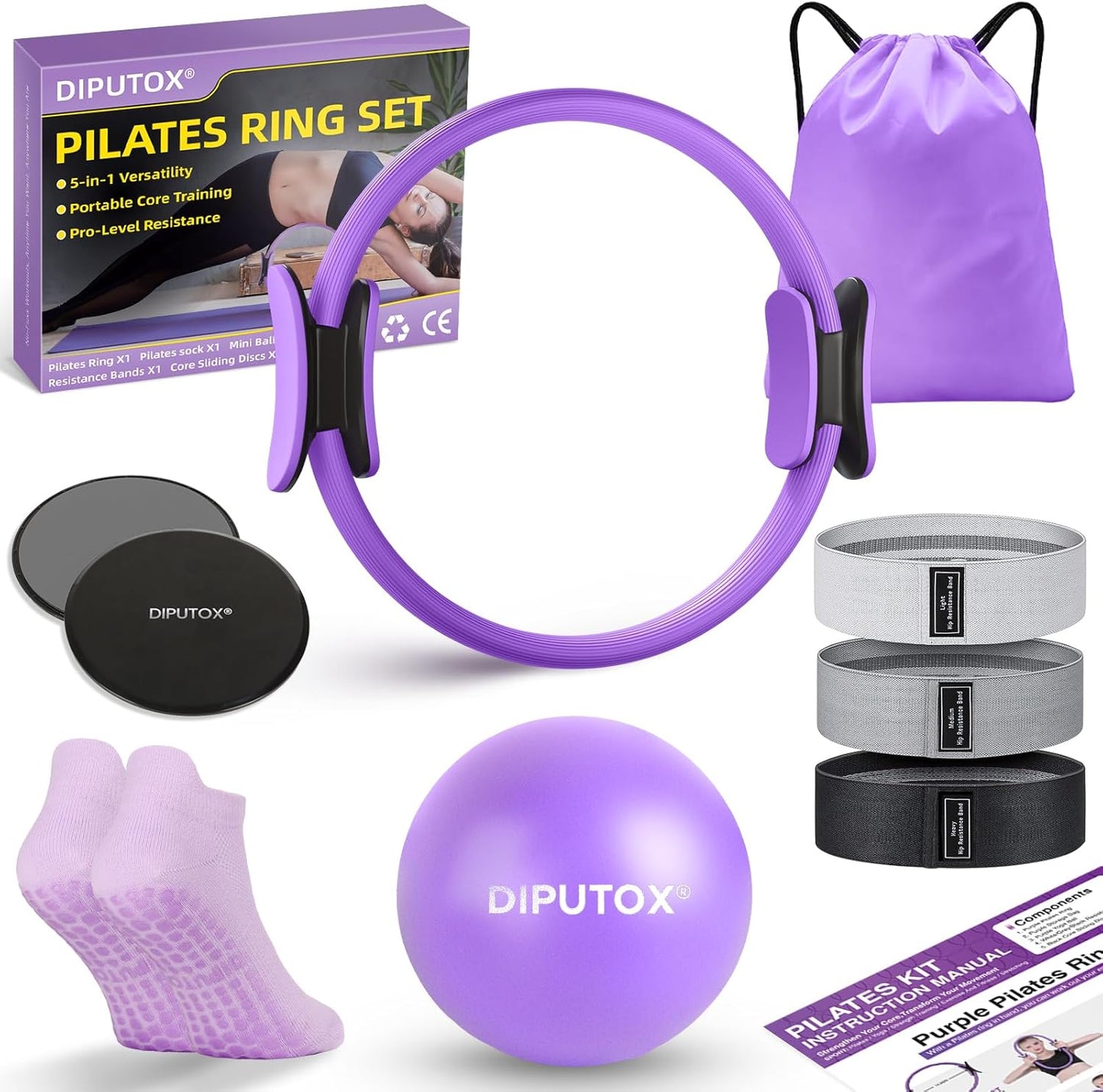 Pilates Ring Kit for Women, Pilates Equipment Accessories, Home Workout Set with Magic Circle, Mini Exercise Ball, Ankle Resistance Bands & Yoga Socks, for Fitness, Toning & Better Me Gifts