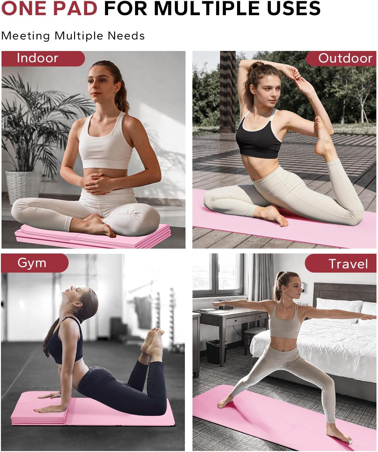 HAPBEAR Foldable Yoga Mat - 72"x24"x0.24" (6mm), Non-Slip TPE Exercise Mat for Home Workout, Yoga, Pilates,Stretching, & Travel, Durable & Eco-Friendly, Includes Carry Bag