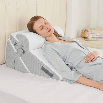 Sasttie Wedge Pillow Set for After Surgery, 2PCS Adjustable Bed Wedge Pillow Headboard with Memory Foam Neck Cushion – for Acid Reflux, Sleeping, Neck & Back Support, Dark Grey