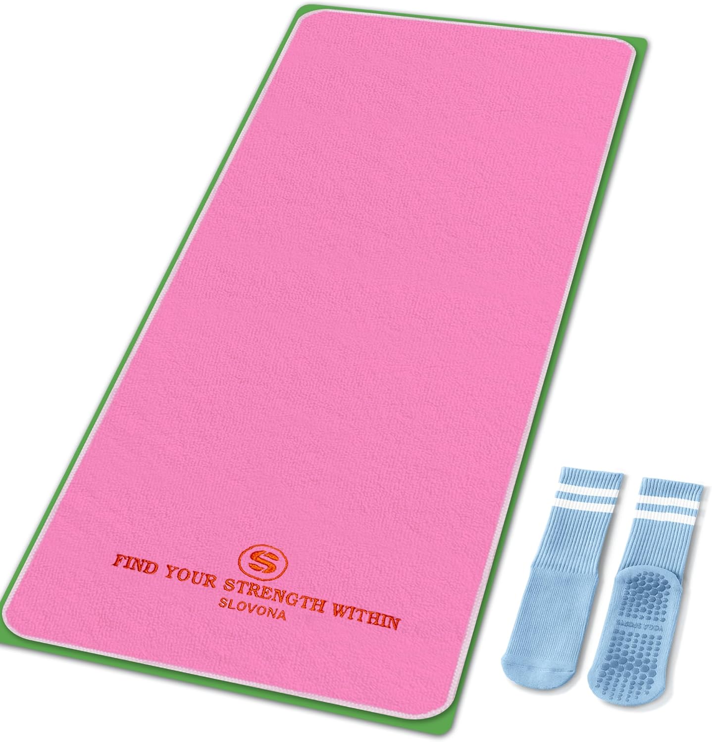 Upgraded Yoga Mat Towel with Bonus Grip Socks Elegant Embroidered Design, 1-Second Sweat Absorption & Non-Slip | Machine Washable Microfiber | Hot Yoga, Pilates | 73''*27.6'' | Orchid Purple