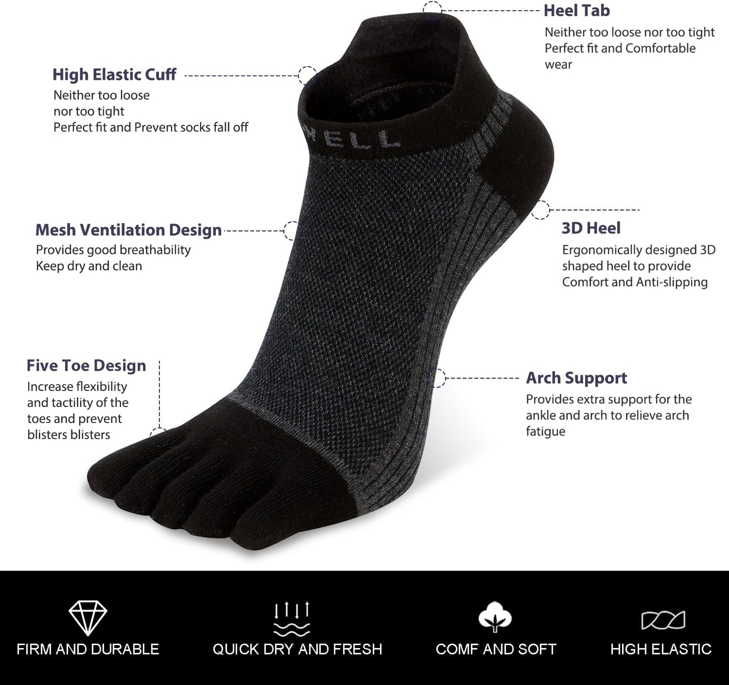 VWELL Cotton Toe Socks Five Finger Socks No Show Crew Athletic Running Socks 4 Pairs,Size 7-11