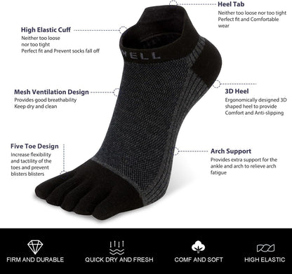 VWELL Cotton Toe Socks Five Finger Socks No Show Crew Athletic Running Socks 4 Pairs,Size 7-11