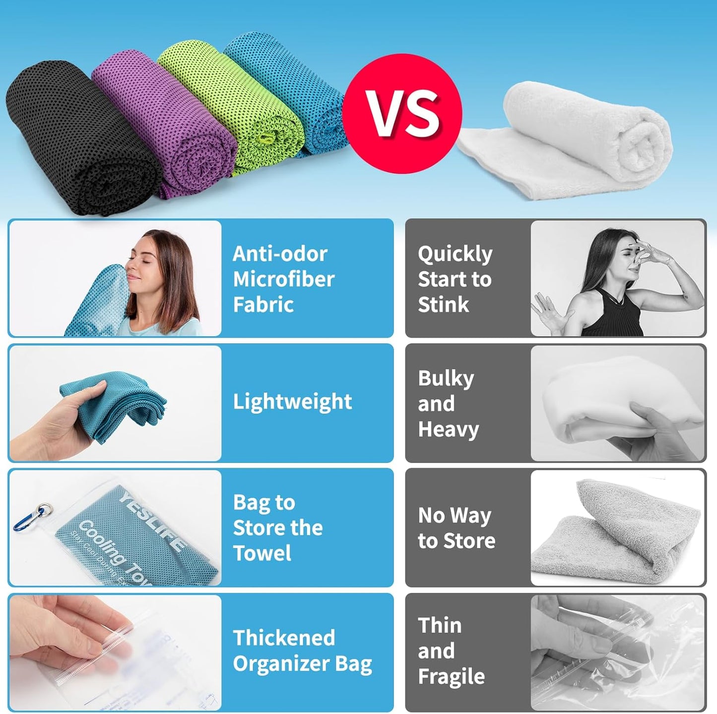 YESLIFE 4 Pack Cooling Towels 40"x12", Gym Towels for Men and Women, Soft Breathable Workout Towels for Yoga, Running, Sport, Workout, Camping, Fitness & More (Blue, Grey, Green, Pink)
