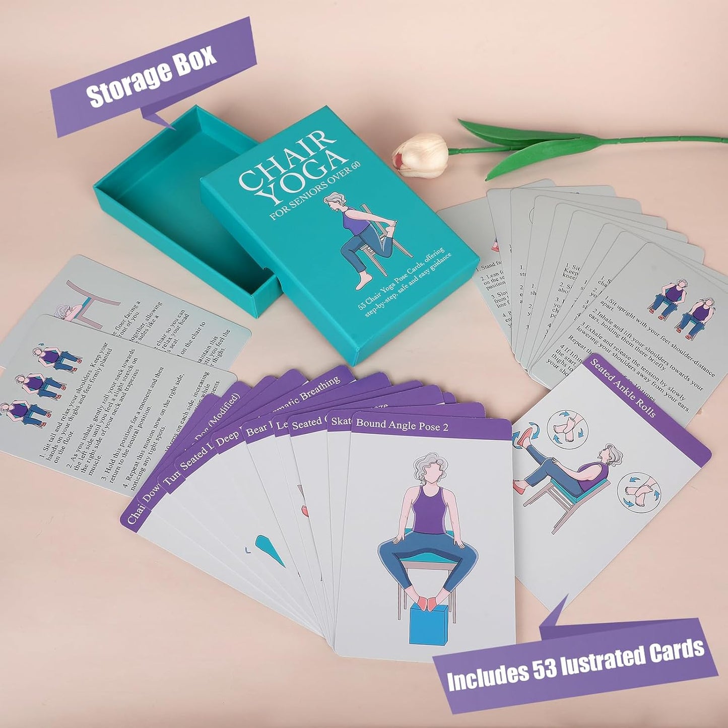 Oversized Chair Yoga Cards for Seniors – 53 Step-by-Step Poses, Large Print Exercise Cards for Elderly, Ideal Get Well Gift for Grandma & Grandpa