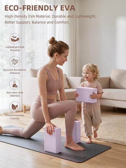 Gruper Yoga Blocks 2 Pack, 9"x6"x3" Exercise Blocks High-Density EVA Foam Blocks with Soft Non-Slip Surface, Lightweight Yoga Props for Yoga Pilates Meditation & Stretching