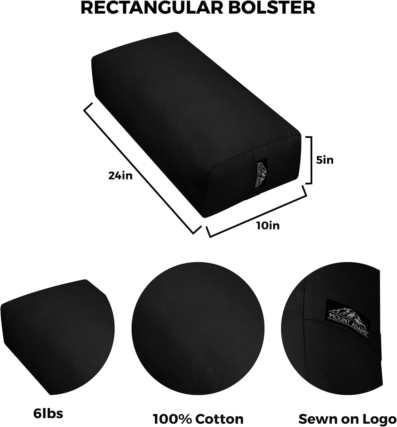 Mount Adams Rectangular Yoga Bolster for Restorative Yoga, 24" x 10" x 5", 6 lbs, 100% Cotton Rectangular Pillow with Handles, Dense, Firm Yoga Pillow and Cushion for Home or Studio