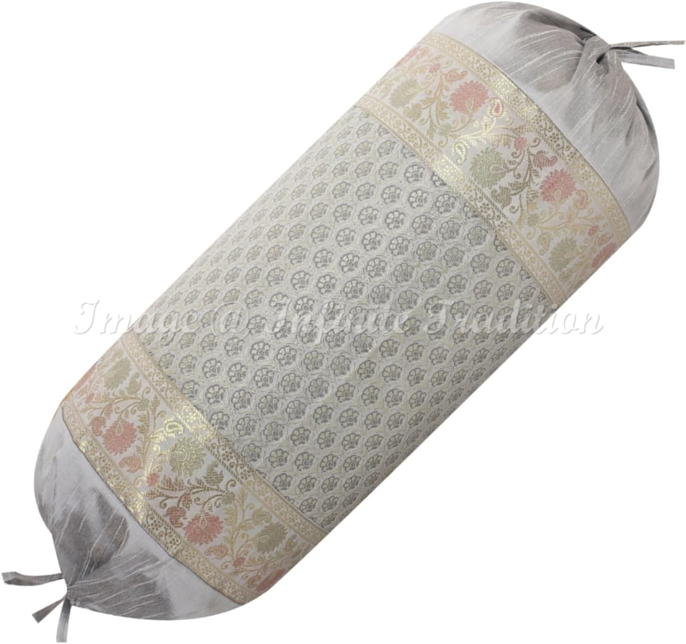 Indian Jacquard Brocade Silk Bolster Tube Pillow Cover Cylindrical Grey Yoga Couch Round Decorative Cushion Cover Home Decor Bordered Small Floral Throw Cushion Cover 30x15 inch (76x38cm) 1 Pc.