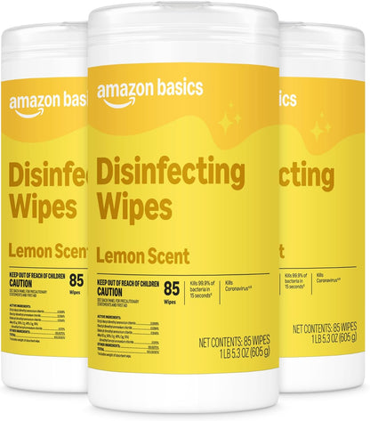 Amazon Basics Disinfecting Wipes, Lemon & Fresh Scent, Sanitizes, Cleans, Disinfects & Deodorizes, 255 Count (3 Packs of 85), Packaging May Vary
