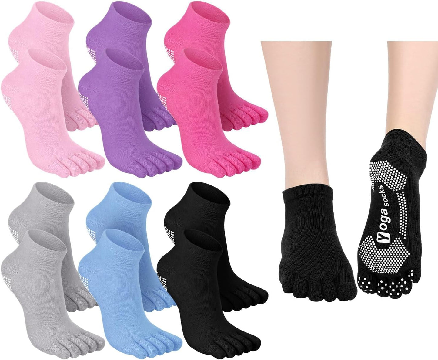 Fourluoo 6 Pairs Women Toe Socks Non Slip Yoga Socks with Grip Men Pilates Toe Socks for Dance Gym