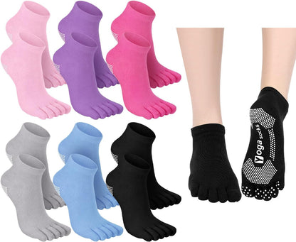 Fourluoo 6 Pairs Women Toe Socks Non Slip Yoga Socks with Grip Men Pilates Toe Socks for Dance Gym