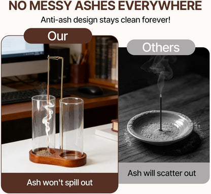 Incense Holder with 2 High Glass Bottle,Wooden Base Incense Stick Holder for Desktop,Incense Burner for Ash Collection,Ash Container (Wood)
