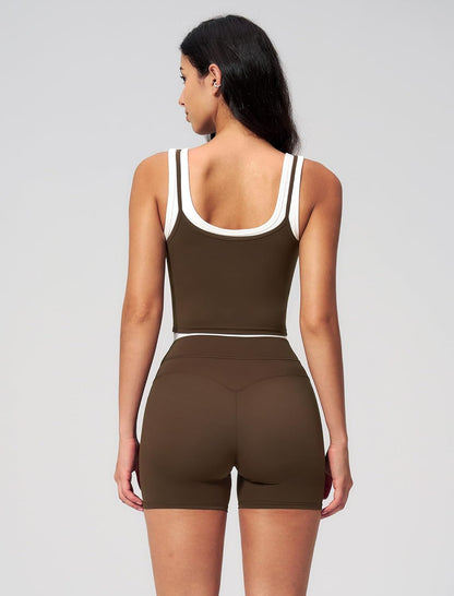 Women 2 Piece Workout Sets Racerback Color Block Tank Top High Waist Tummy Control Shorts Yoga Outfits
