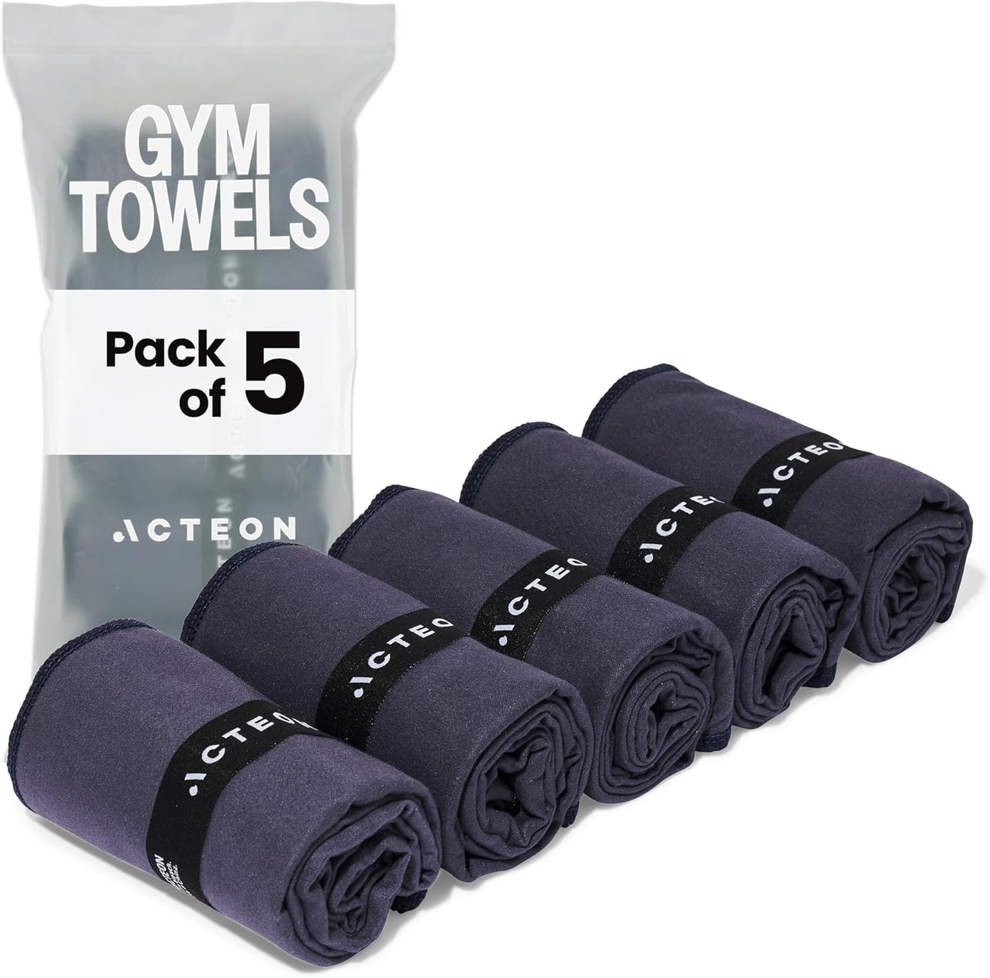 Acteon Microfiber Gym Towels 5 Pack, Quick Dry Silver ION Odor-Free Sweat Towel, Super Absorbent Fast Drying for Men & Women, Workout, Yoga, Running, Hiking, Travel – 16x30.5 Inch