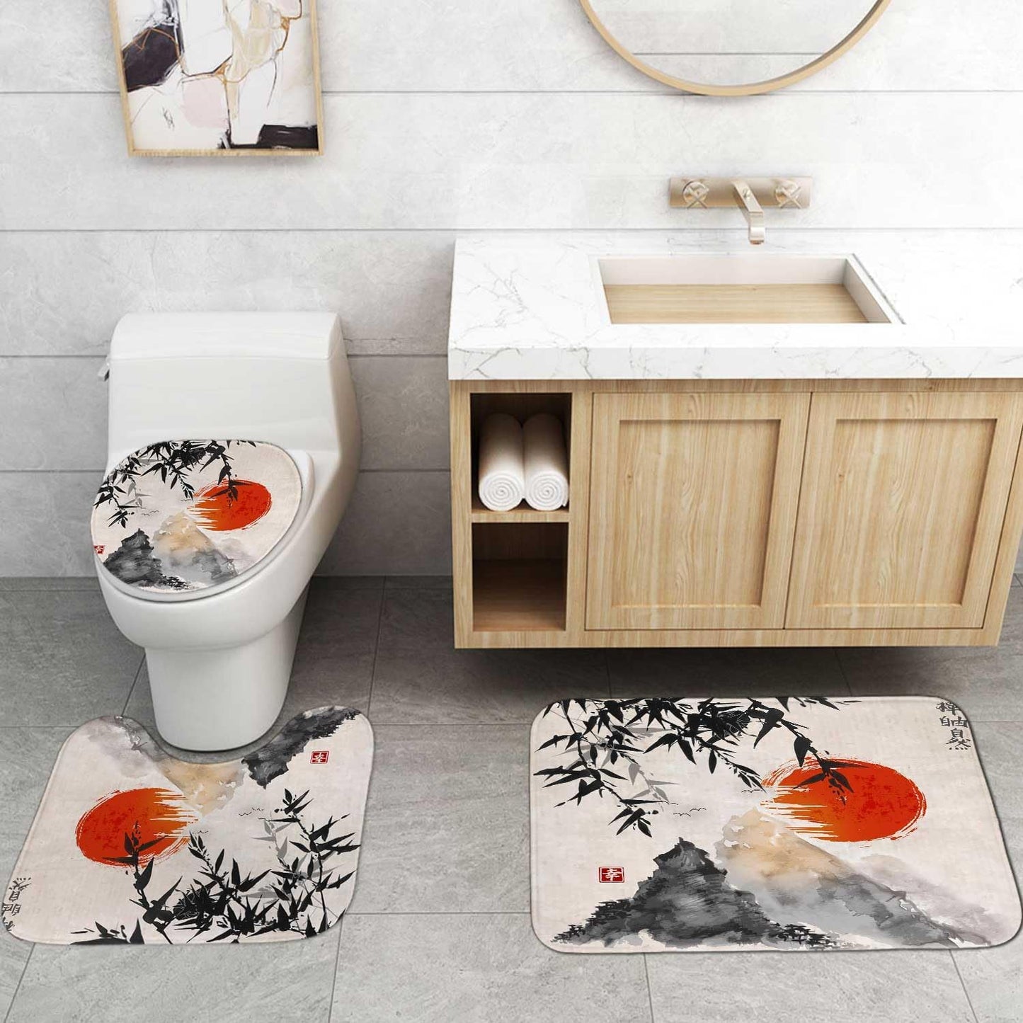 4PCS Spa Zen Shower Curtain Sets with Rugs, White Shower Curtain, Pink Floral Orchid Lotus Water Lily Stone Bamboo Water Reflection Yoga Massage Relaxing Spiritual Meditation Bathroom Decor