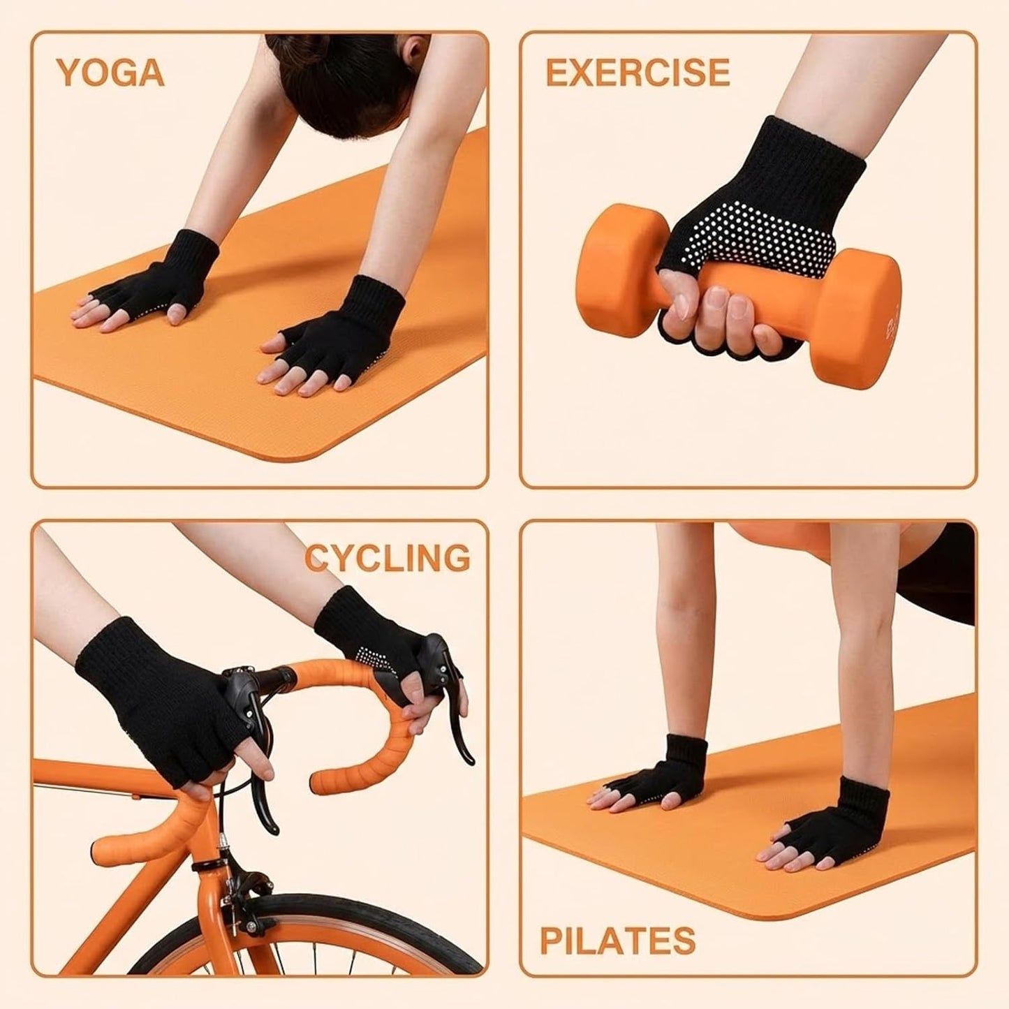Yoga Gloves with Grips for Women, Non Slip Fingerless Pilates Gloves Exercise Glove Women Half-Finger Workout Glove Weight Lifting Glovefor Yoga, Rowing and Cycling (Black, Gray)