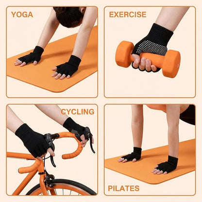Yoga Gloves with Grips for Women, Non Slip Fingerless Pilates Gloves Exercise Glove Women Half-Finger Workout Glove Weight Lifting Glovefor Yoga, Rowing and Cycling (Black, Gray)