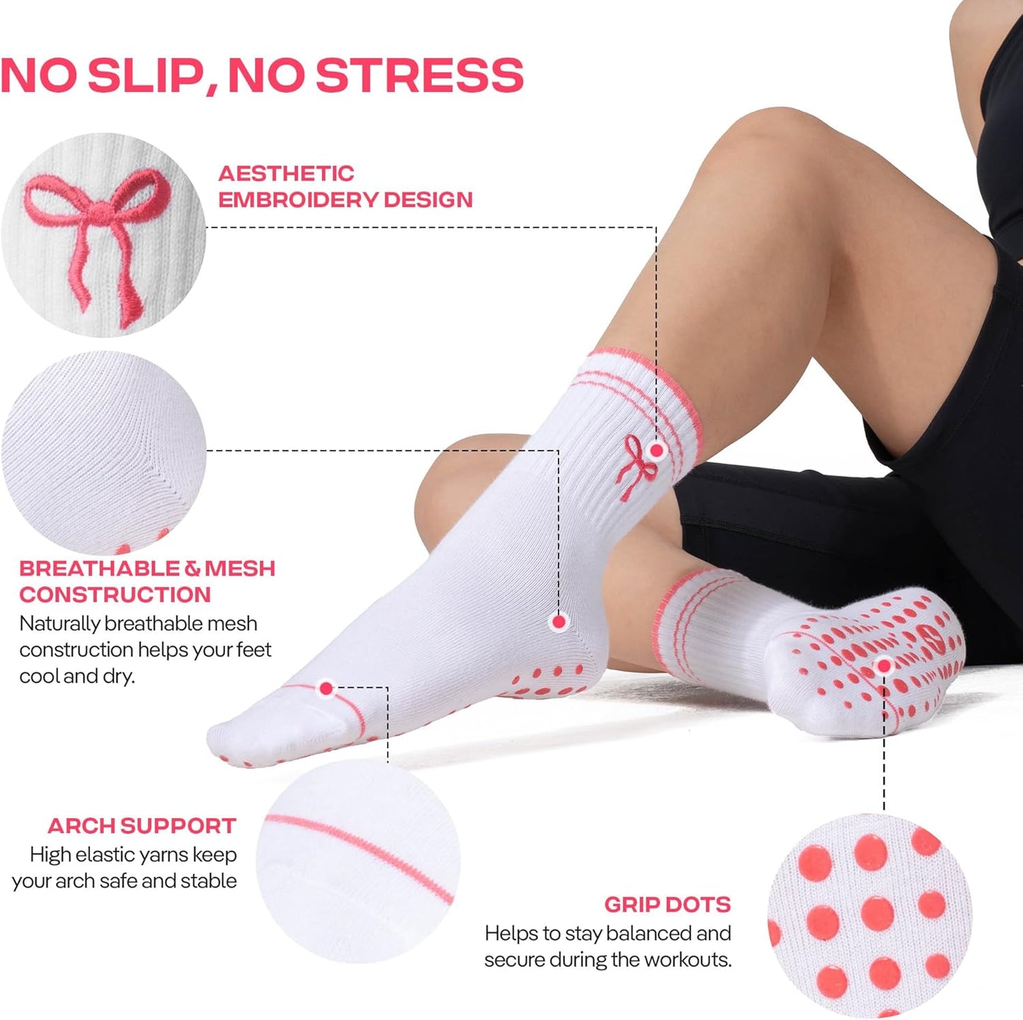 COOLMATE Pilates Socks with Grips for Women, Yoga Socks, Crew Non Slip Women for Barre, Pilates Gifts for Women - Colors A