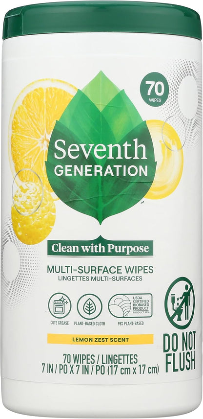 Seventh Generation Multi-Surface Wipes, 70 Count, Pack of 3, Garden Mint, Plant-Based Cleaning Wipes, No Harsh Fumes or Residue, Safe Around Kids