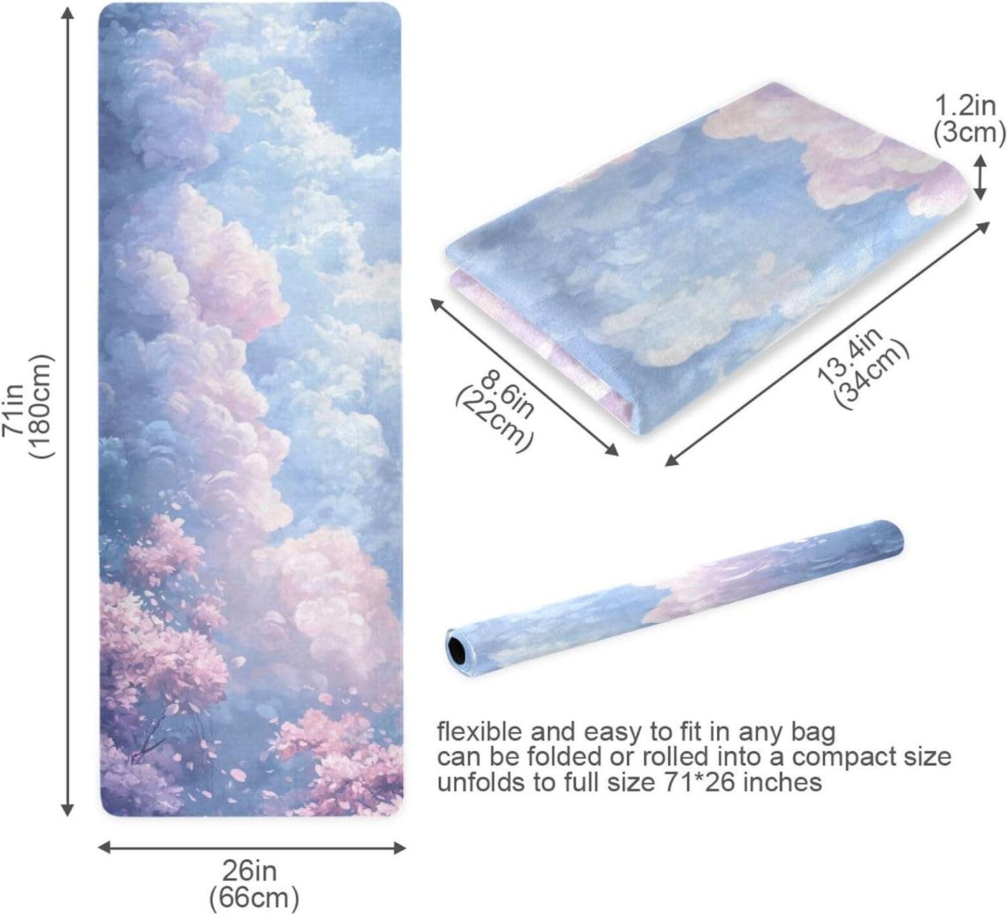 Kigai Travel Yoga Mat 71" x 24" Non Slip Natural Rubber Foldable Exercise Mat Ultra Thin 1.5mm Lightweight for Fitness, Pilates & Home Workout, Colorful Clouds