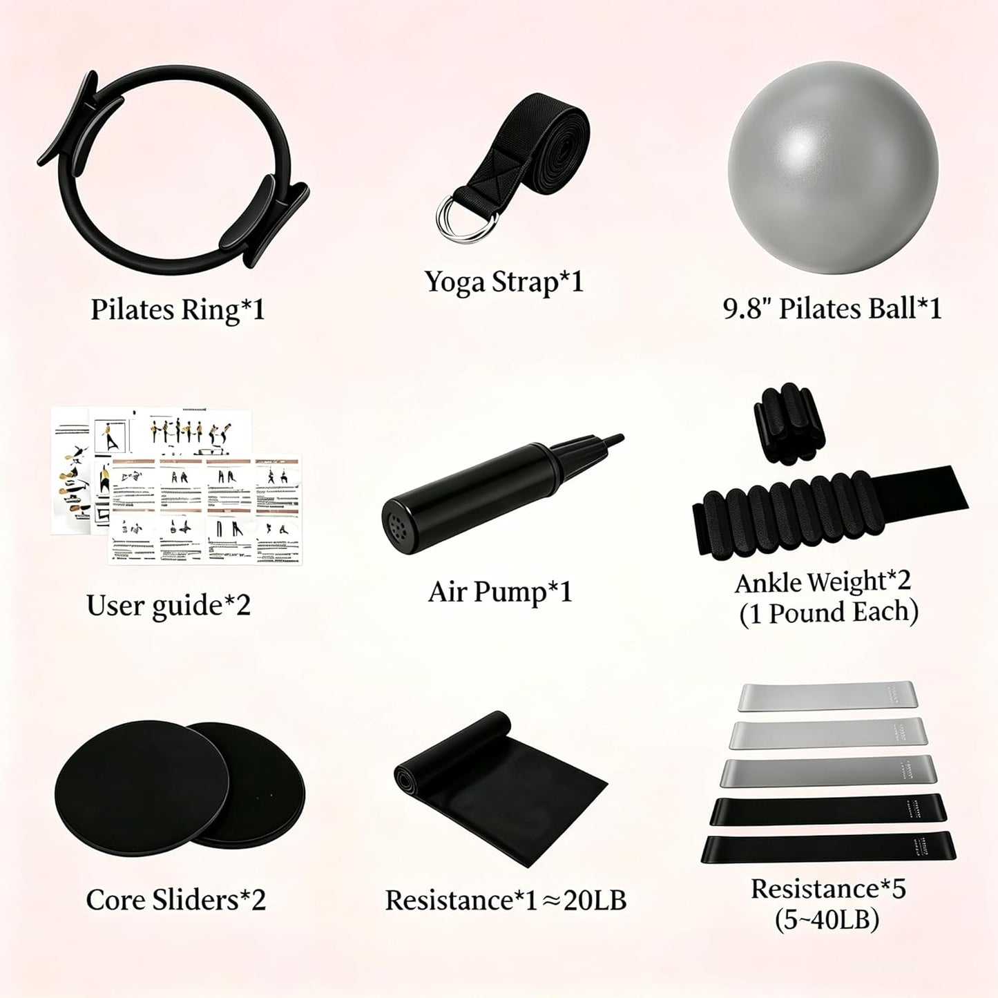 Pilates Equipment Kit for Home Workout,Pilates Ring and Ball Set,Pilates Essentials Accessories Kit for Women with Core Sliders,Adjustable Ankle Wrist Weight,Exercise Resistant Bands