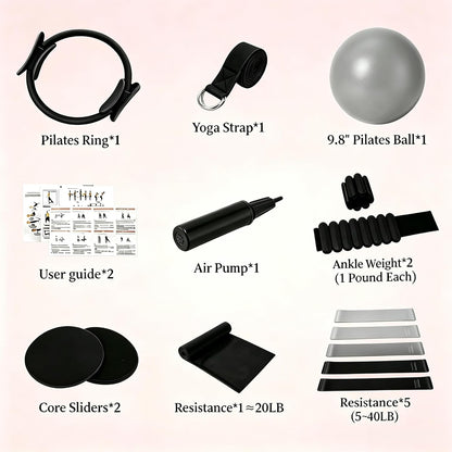 Pilates Equipment Kit for Home Workout,Pilates Ring and Ball Set,Pilates Essentials Accessories Kit for Women with Core Sliders,Adjustable Ankle Wrist Weight,Exercise Resistant Bands