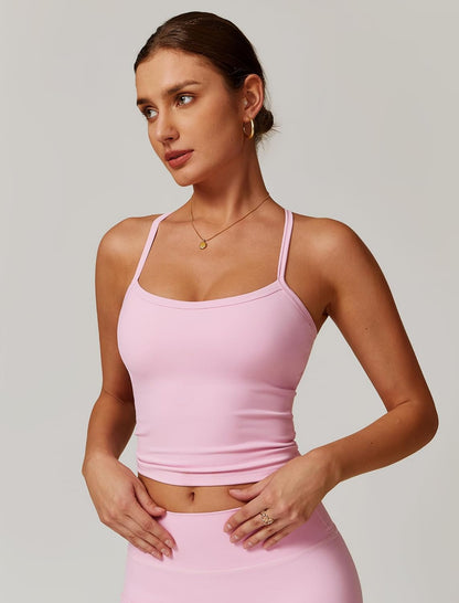 QBGJTD Womens Longline Sports Bras Cross Back Active Gym Yoga Padded Workout Crop Tank Top with Built in Bra